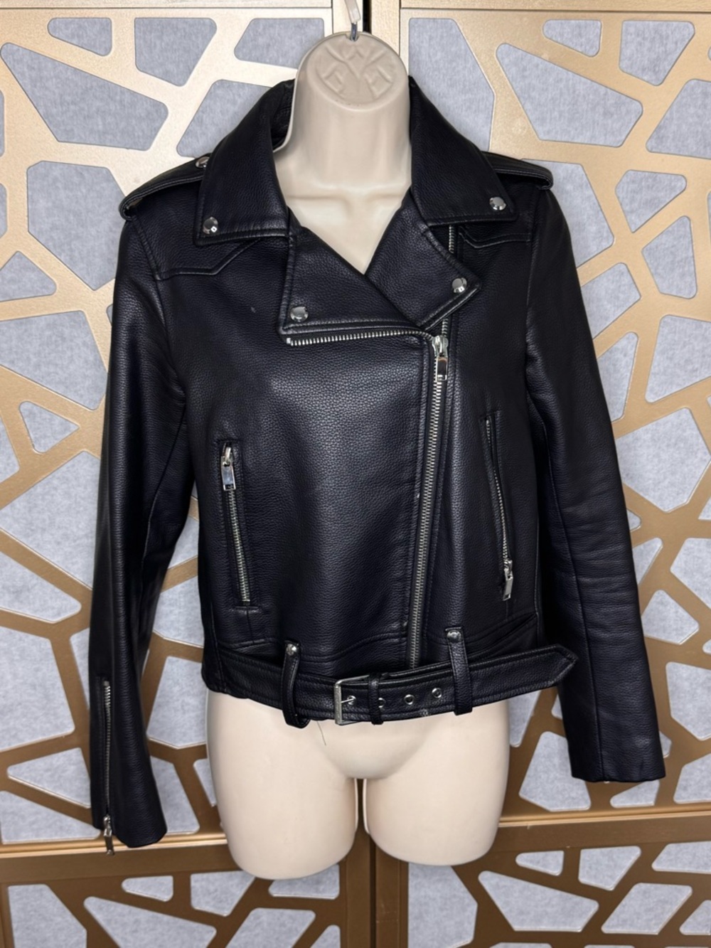 ZARA Basic Faux Leather Moto Jacket Black Belted Biker Style - Picture 2 of 12
